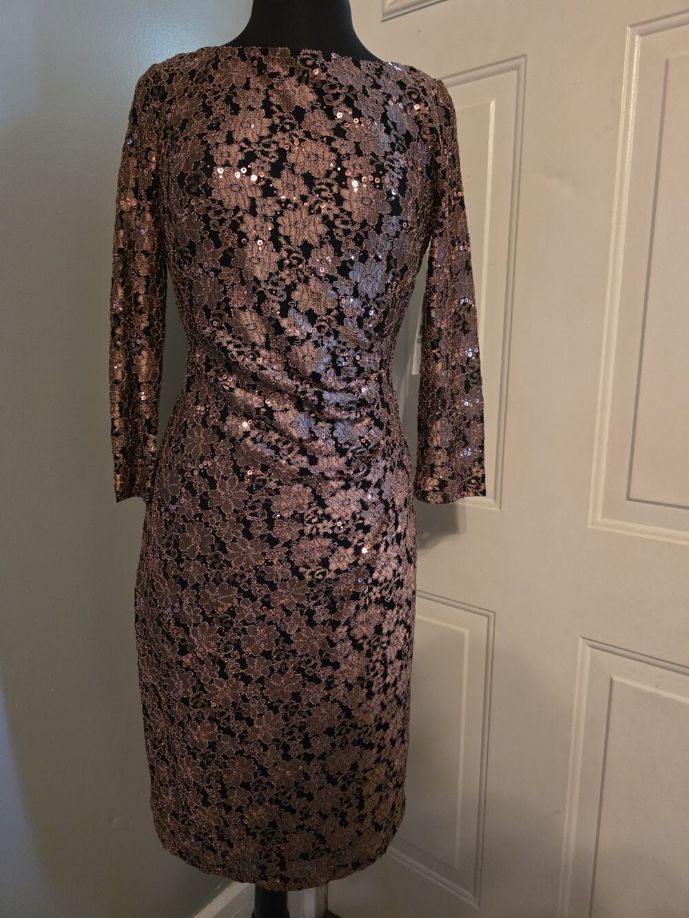 Jessica Howard Size 8 Beige/Black Lace Sequin Lined Pencil Dress 3/4 Sleeve NWT